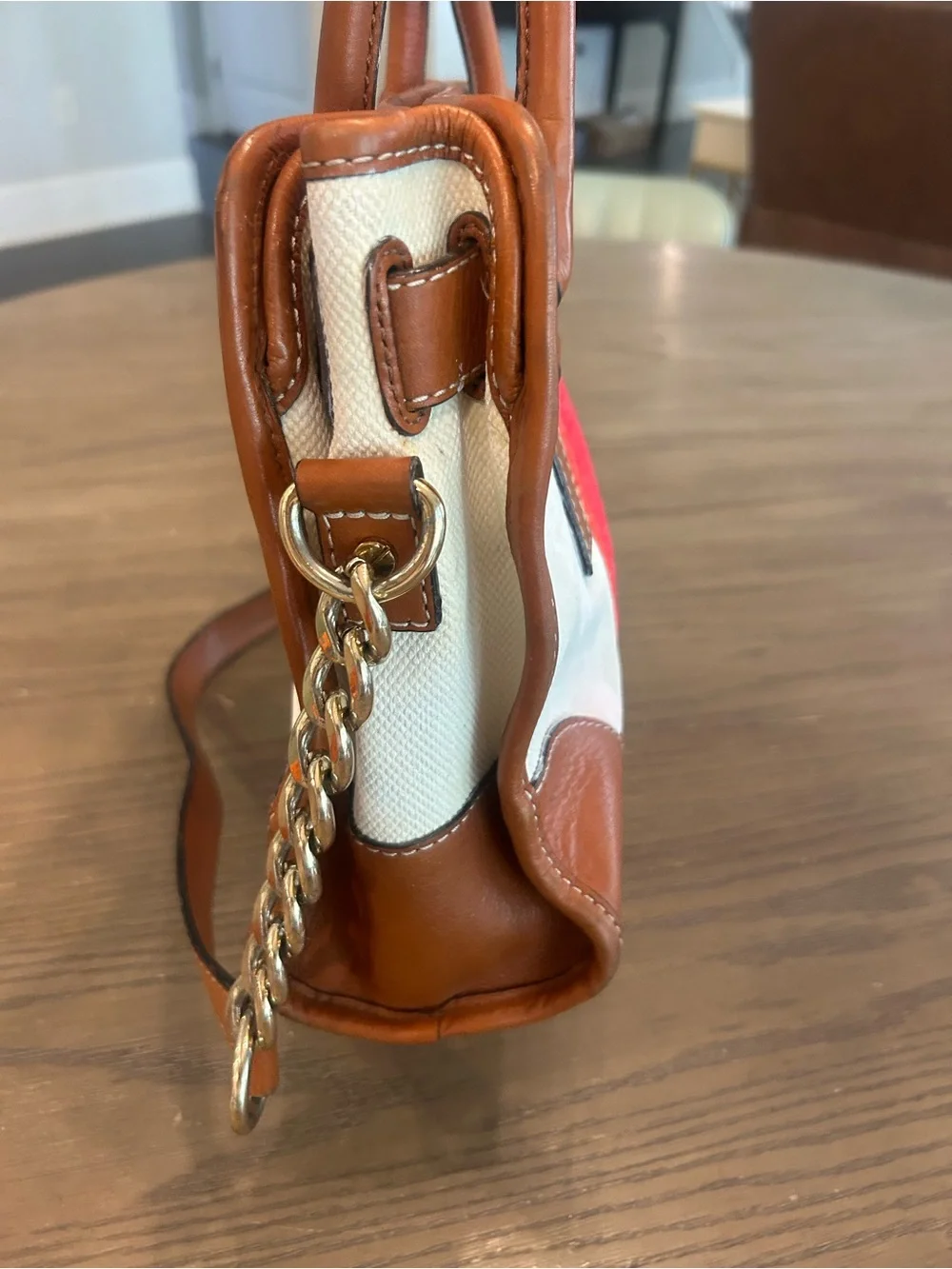 Michael Kors Brown Leather & Red Stripe Canvas Satchel